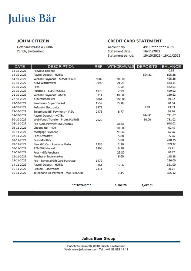 1ONE CARD Bank Statement - BankStatements.net